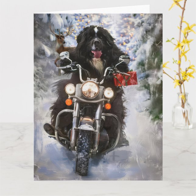 Carte Moto à chiens de Terre-Neuve Noël (Fleur jaune)