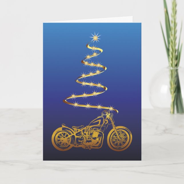 Carte Moto Noël avec vélo or et arbre (Devant)