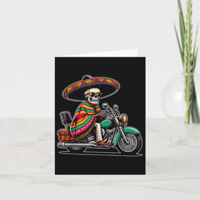 Carte Motorcycle Skeleton Biker Mexicain Sombrero Cinco  (Devant)