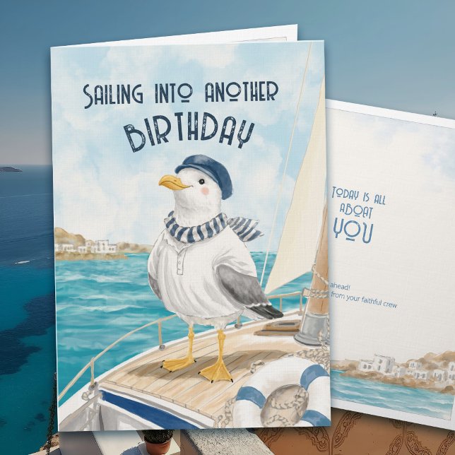 Carte Mouette de naissance nautique Capot de voilier de  (Whimsical sailor seagull birthday card with playful nautical humor and coastal charm.)