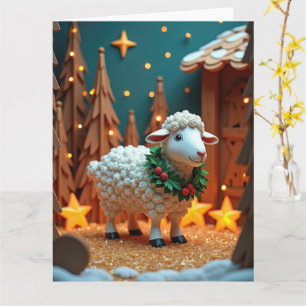 Carte Mouton Fluffy avec Couronne dans une Scène de Noël