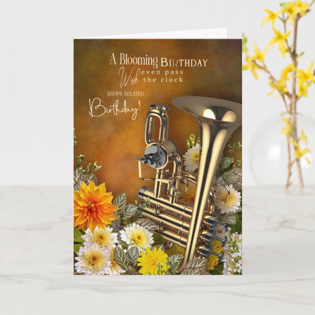 Carte Music Theme Belated Birthday Card Brass Instrument (Fleur jaune)