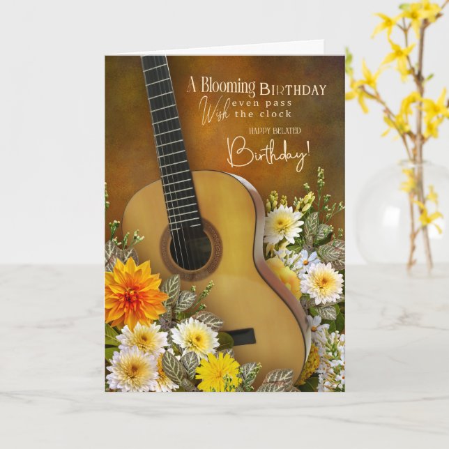 Carte Music Theme Belated Birthday Card – Guitar Design (Fleur jaune)
