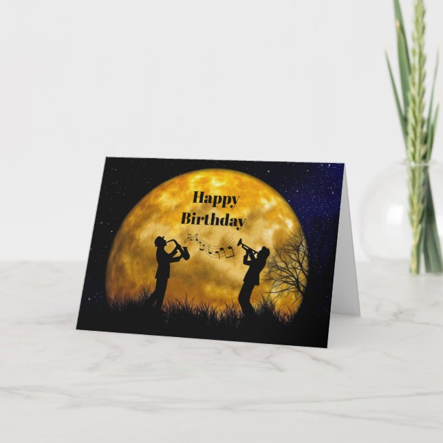 Carte Musiciens Pleine lune Aquarelle Anniversaire (Devant)