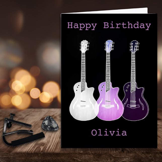 Carte Musique de guitare Pop Art Violet Ajouter le nom O (Cool pop art guitar pink and black custom happy birthday greetings card)