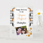 Carte My gorgeous Boyfriend orange photo birthday<br><div class="desc">Happy Birthday to my Gorgeous Boyfriend.
Photo greeting card for him.
Tell your boyfriend he is amazing and you love him.
Grey,  orange and black,  with two photos,  front and inside left.</div>