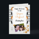 Carte My gorgeous Boyfriend orange photo birthday<br><div class="desc">Happy Birthday to my Gorgeous Boyfriend.
Photo greeting card for him.
Tell your boyfriend he is amazing and you love him.
Grey,  orange and black,  with two photos,  front and inside left.</div>