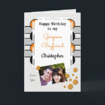 Carte My gorgeous Boyfriend orange photo birthday<br><div class="desc">Happy Birthday to my Gorgeous Boyfriend.
Photo greeting card for him.
Tell your boyfriend he is amazing and you love him.
Grey,  orange and black,  with two photos,  front and inside left.</div>
