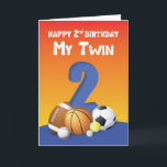 Carte My Twin Brother 2e Balles de sport d'anniversaire<br><div class="desc">Ne serait-il pas amusant de voir vos jumeaux se donner des cartes pour se saluer un joyeux 2e anniversaire. Nous pensons que vous devriez obtenir cette carte pour faire cela et rendre ce jour plus mémorable pour les deux.</div>