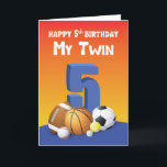 Carte My Twin Brother 5Birthday Sports Balls<br><div class="desc">Tirez cette carte d'anniversaire colorée et drôle à votre frère jumeau qui comme vous célébrera son 5e anniversaire. Il rebondira sûrement avec joie quand il aura reçu cette carte de toi.</div>