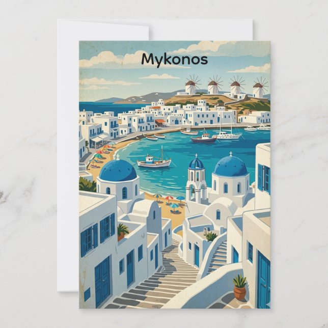 Carte Mykonos Grèce Architecture Vintage Moulins à vent  (Devant)