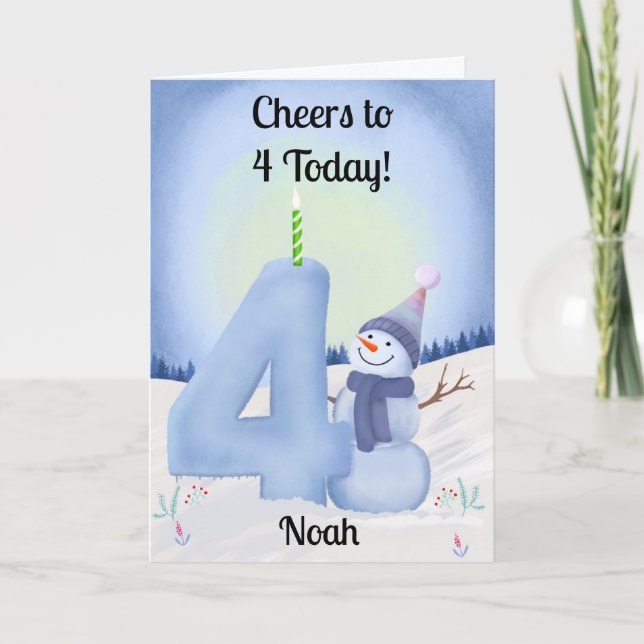 Carte Name 4th Birthday Snowman with Snowy Four (Devant)