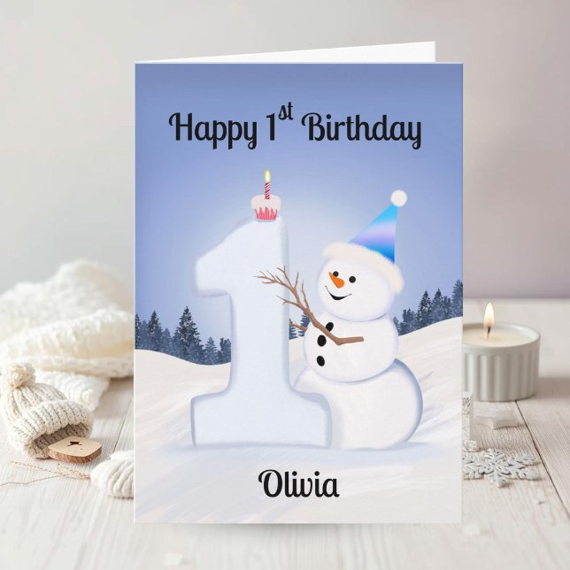 Carte Name Happy 1st Birthday Snowman Building One (Créateur téléchargé)