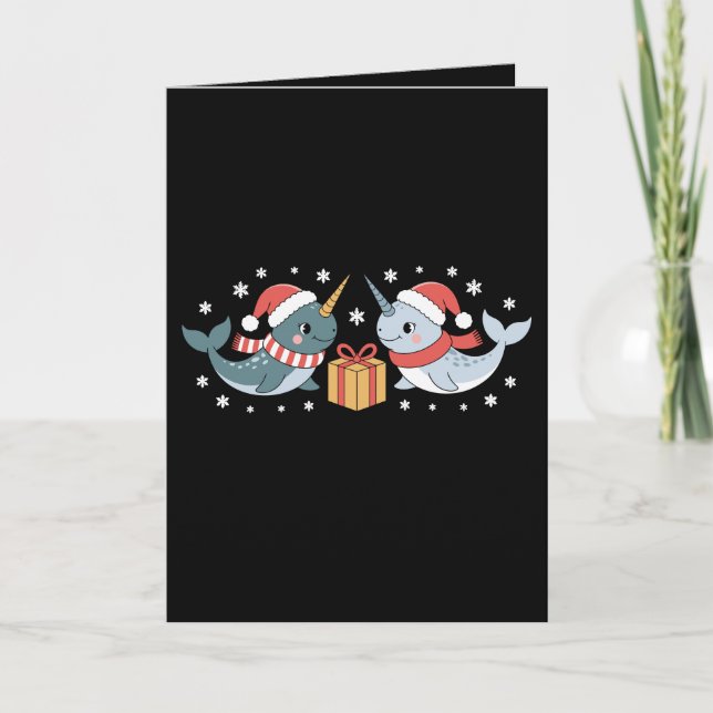 Carte Narval de Noël Chapeau de Père Noël Écharpe Flocon (Devant)