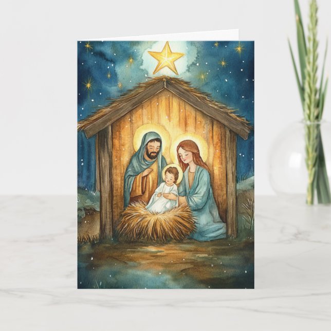Carte Nativité aquarelle, Étoile de Noël Radiance (Devant)