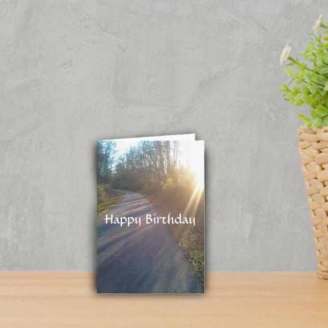Carte Nature Bois Chemin Rayons de soleil Herbe Annivers (Real photo of path thru woods with sun rays shining down on Happy Birthday greeting card.)