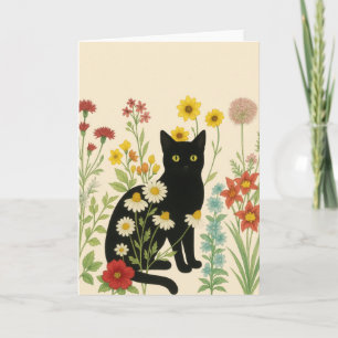 Carte Nature botanique – Chat noir dans un jardin de fle