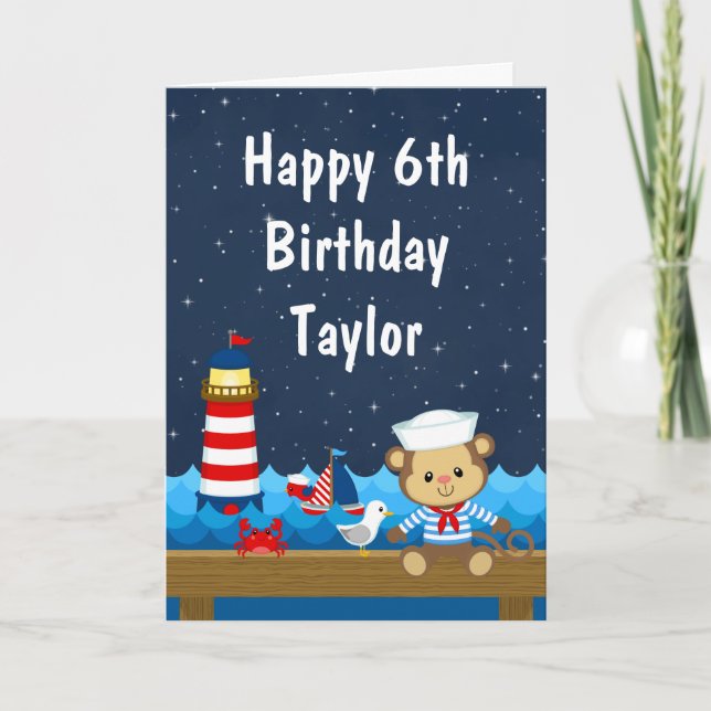 Carte Nautical Boy Monkey Red et Navy Joyeux anniversair (Devant)