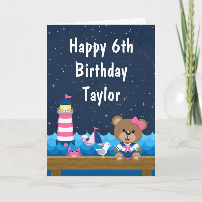 Carte Nautical Girl Bear rose et Marine Joyeux anniversa (Devant)