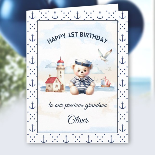 Carte Nautique marin mignonne ours 1er anniversaire garç (Nautical Sailor Cute Bear 1st Birthday Boy Card)