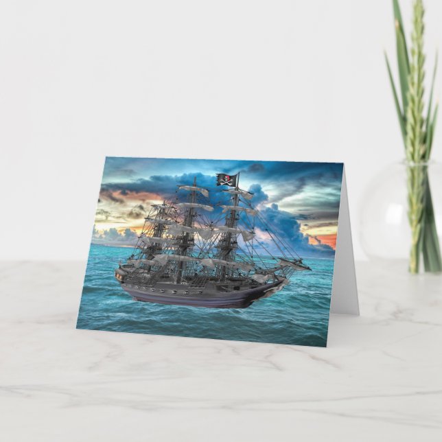 CARTE NAVIRE PIRATE ANCRÉ AU COUCHER DU SOLEIL (Devant)