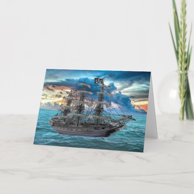 CARTE NAVIRE PIRATE ANCRÉ AU COUCHER DU SOLEIL (Devant)