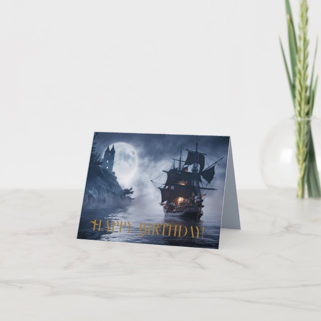 Carte Navire pirate et château Joyeux anniversaire (Devant)