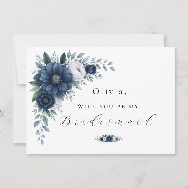 Carte  Navy and dusty Blue floral bridesmaid proposal  (Devant)