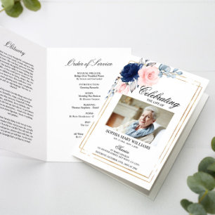 Carte Navy Blue & Blush Photo Memorial Funérailles Progr
