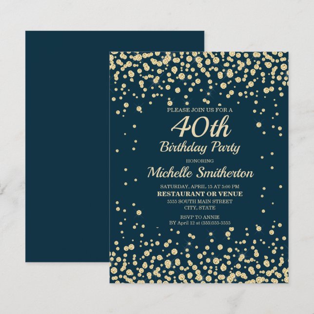 Carte Navy Blue Gold Diamond Glitter Femmes 40e Annivers (Devant / Derrière)