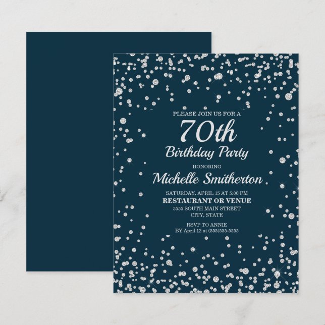 Carte Navy Blue Silver Glitter Femmes 70e Anniversaire (Devant / Derrière)