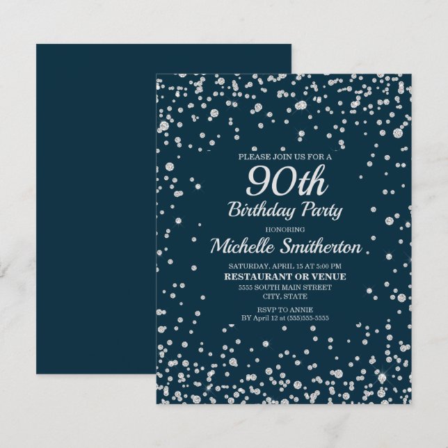 Carte Navy Blue Silver Glitter Femmes 90e Anniversaire (Devant / Derrière)