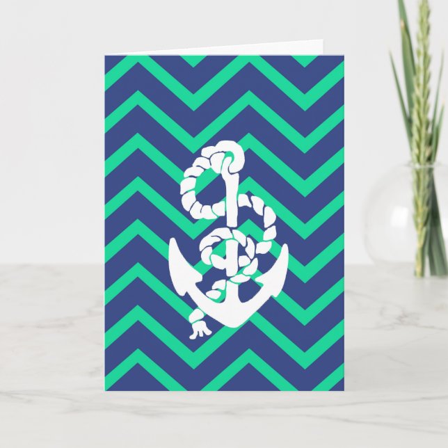 Carte Navy Blue & Teal Chevrons White Anchor Nautical (Devant)