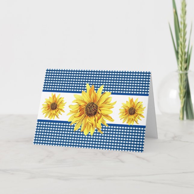 Carte Navy et Blanc Gingham Tournesol Intérieur Vide (Devant)