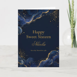 Carte Navy et Or Élégant Encre Alcoolique Sweet Sixteen