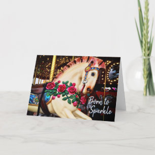 Carte Né à Sparkle Carousel Horse Photo Calligraphie