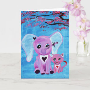 Carte Ne m'oubliez pas éléphant rose chat cerisier art