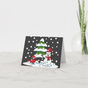 Carte Neige tombant sur Cardinal, Snowman et Pine Tree