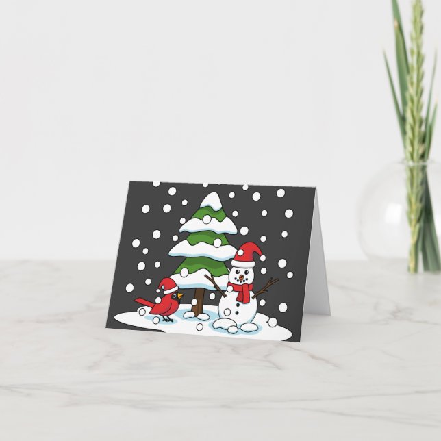 Carte Neige tombant sur Cardinal, Snowman et Pine Tree (Devant)