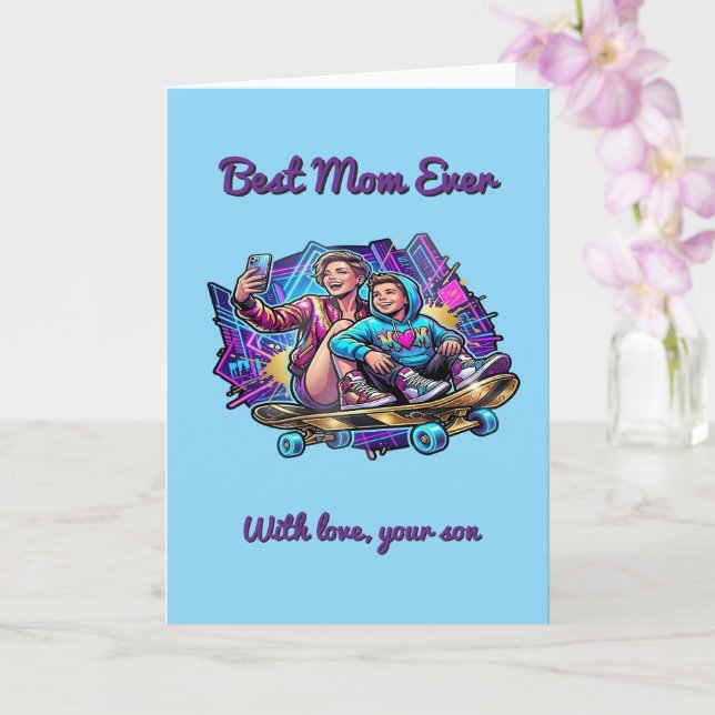 Carte Neon Drive Mother’s Day Card: Cool Mom & Son Art (Orchidée)