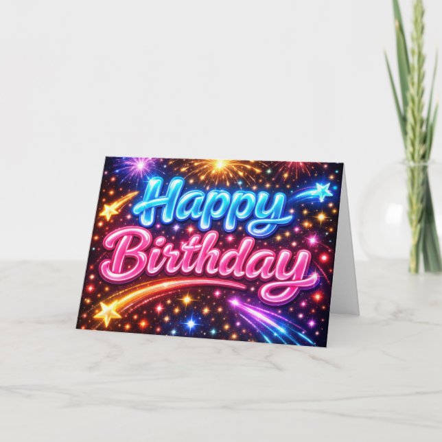 Carte Neon Happy Birthday Fireworks and Stars (Devant)