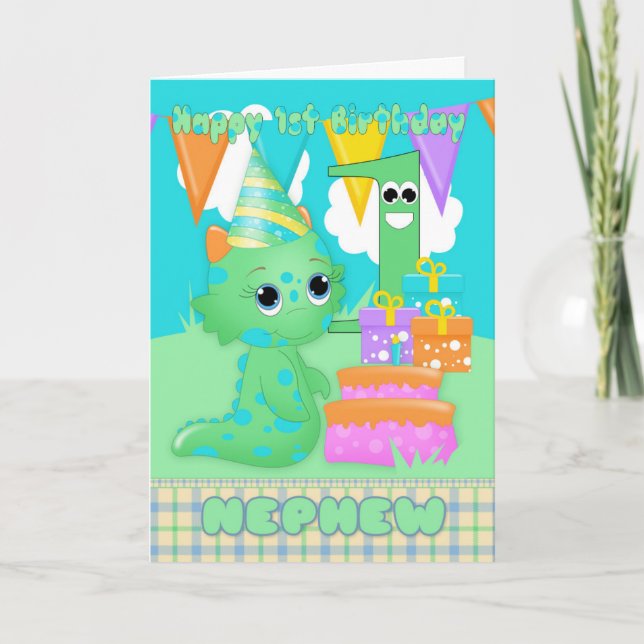 Carte Nephew 1er Anniversaire Mignonne Petit Monstre Ave (Devant)