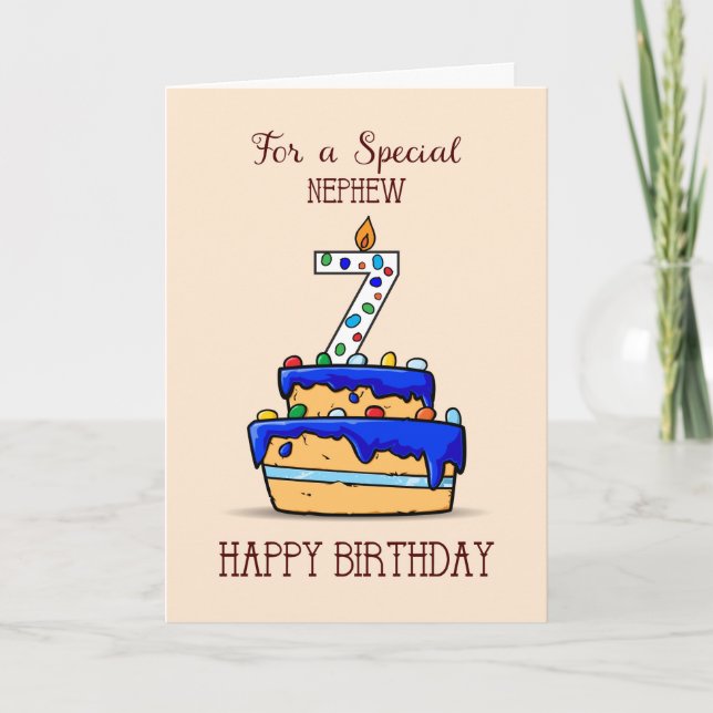 Carte Nephew 7th Birthday, 7 on Sweet Blue Cake (Devant)