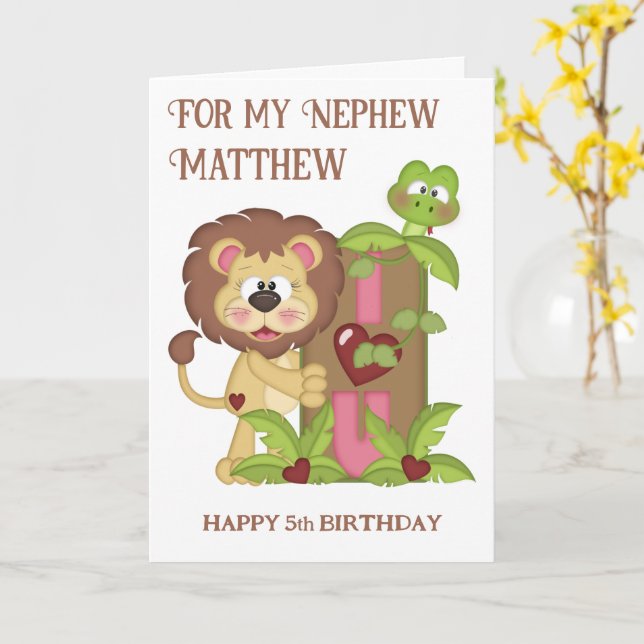 Carte Nephew Cute Lion Cinquième Voeux Anniversair (Fleur jaune)