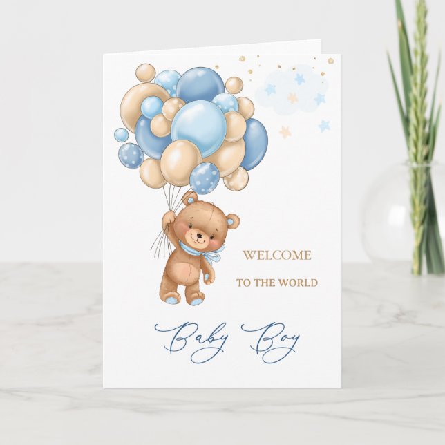 Carte New Baby Welcome To The World Bear Blue Balloons  (Devant)