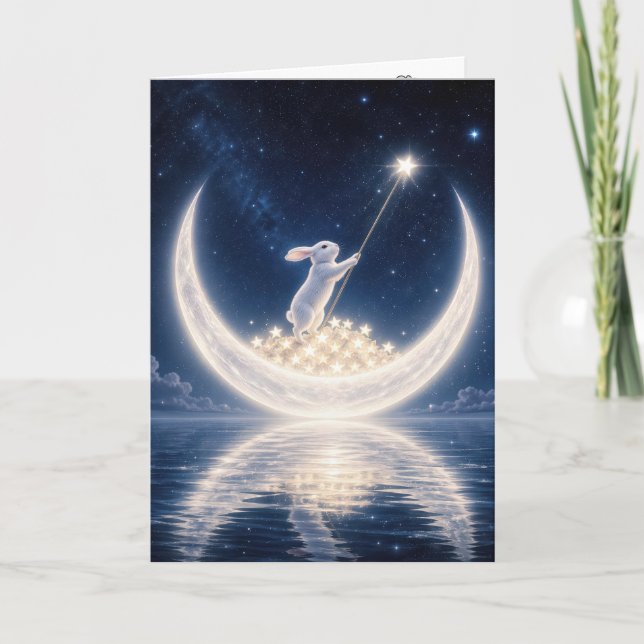 Carte New Baby White Rabbit Collecting Stars (Devant)