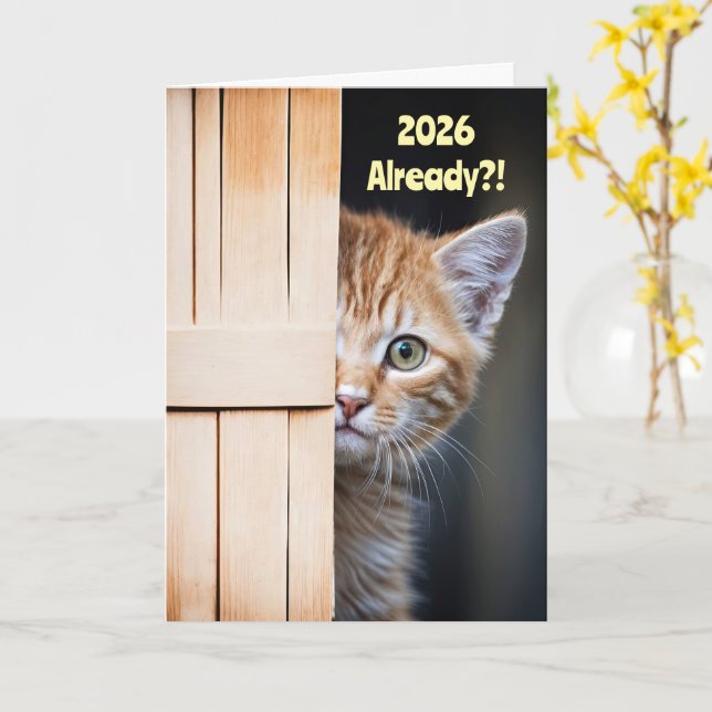 Carte New Years Cute Funny 2026 Ginger Orange Kitten  (Fleur jaune)