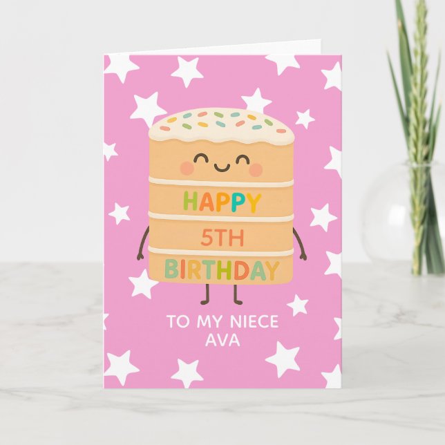 Carte Nièce 5Anniversaire Cute Cake Rose Custom (Devant)