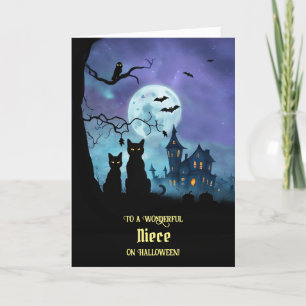 Carte Niece Halloween joyeux Chats Noirs Chats Chouettes