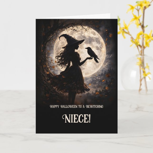 Carte Nièce Halloween Personnalisable avec Sorcière Mign (Fleur jaune)